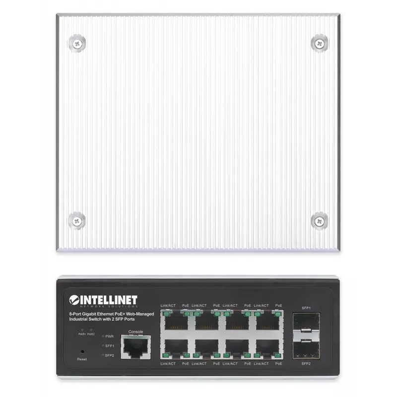 Intellinet pramoninis 8 prievadų gigabitinio eterneto PoE+ 2 lygio+ žiniatinklio valdomas jungiklis su 2 SFP prievadais, atitinka IEEE 802.3at/af (PoE+/PoE), PoE galios biudžetas iki 240 W, 2 lygis+/3 lygis Lite, IP30 metalinis korpusas, savaime atsistata