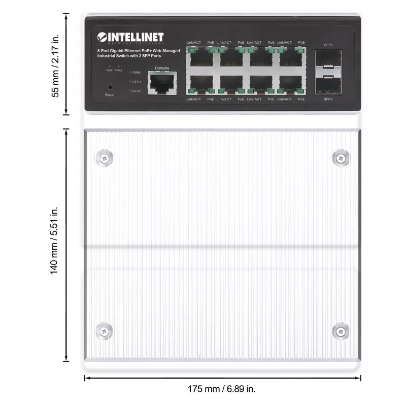 Intellinet pramoninis 8 prievadų gigabitinio eterneto PoE+ 2 lygio+ žiniatinklio valdomas jungiklis su 2 SFP prievadais, atitinka IEEE 802.3at/af (PoE+/PoE), PoE galios biudžetas iki 240 W, 2 lygis+/3 lygis Lite, IP30 metalinis korpusas, savaime atsistata