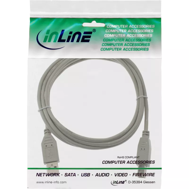 USB 2.0 laidas A tipo kaištis / B tipo kaktis smėlio spalvos 7 m InLine 34557H