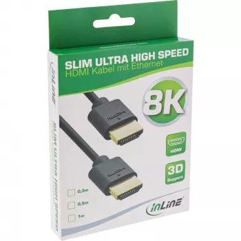 InLine Slim Ultra High Speed HDMI kabelis M/M 8K4K, auksu dengtas, juodas, 0,5 m