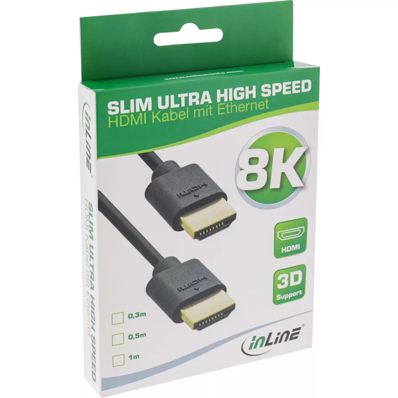 InLine Slim Ultra High Speed HDMI kabelis M/M 8K4K, auksu dengtas, juodas, 0,5 m