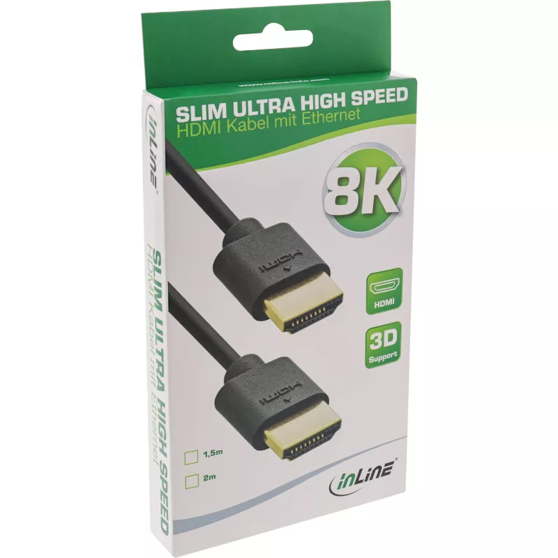 InLine Slim Ultra High Speed HDMI kabelis M/M 8K4K, auksuotas, juodas, 2 m