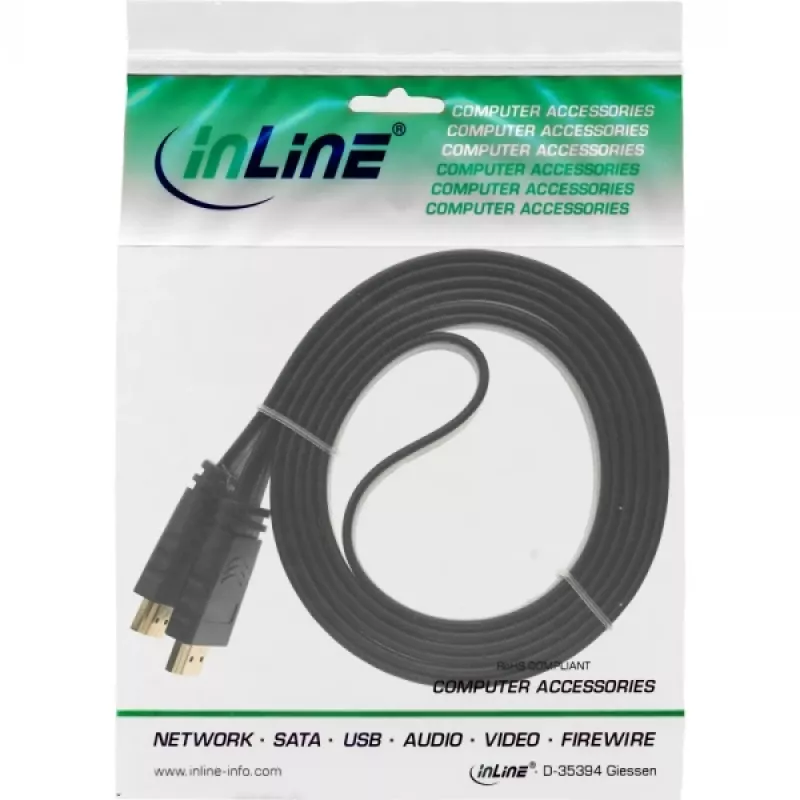 InLine HDMI plokščias kabelis, Didelės spartos kabelis su Ethernet, paauksuotas, juodas, 2 m
