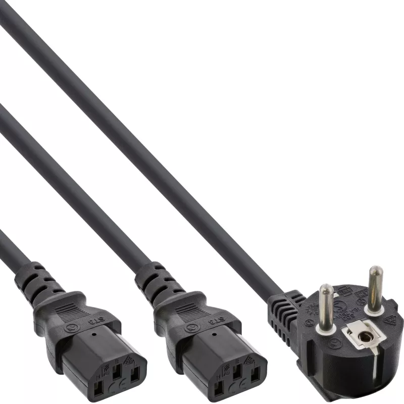 InLine Y maitinimo laidas 1x CEE 7/7 kampuotas / 2x 3 kontaktų IEC C13 kištukas, 3m