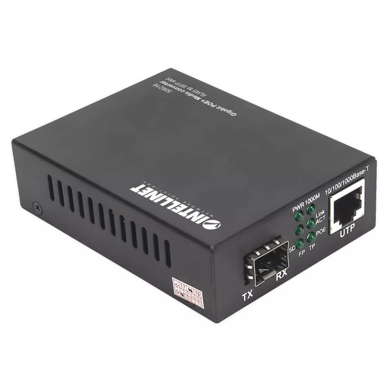 “Intellinet Gigabit PoE+” medijos keitiklis, 1 x 1000Base-T RJ45 prievadas, 1 x SFP prievadas, PoE+ injektorius