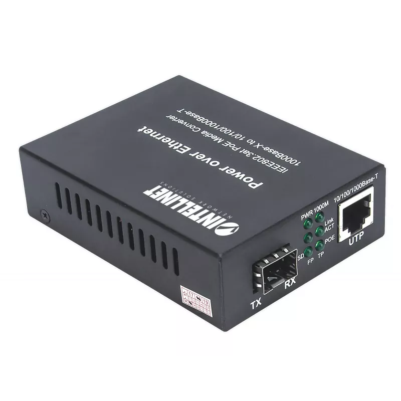 “Intellinet Gigabit PoE+” medijos keitiklis, 1 x 1000Base-T RJ45 prievadas, 1 x SFP prievadas, PoE+ injektorius