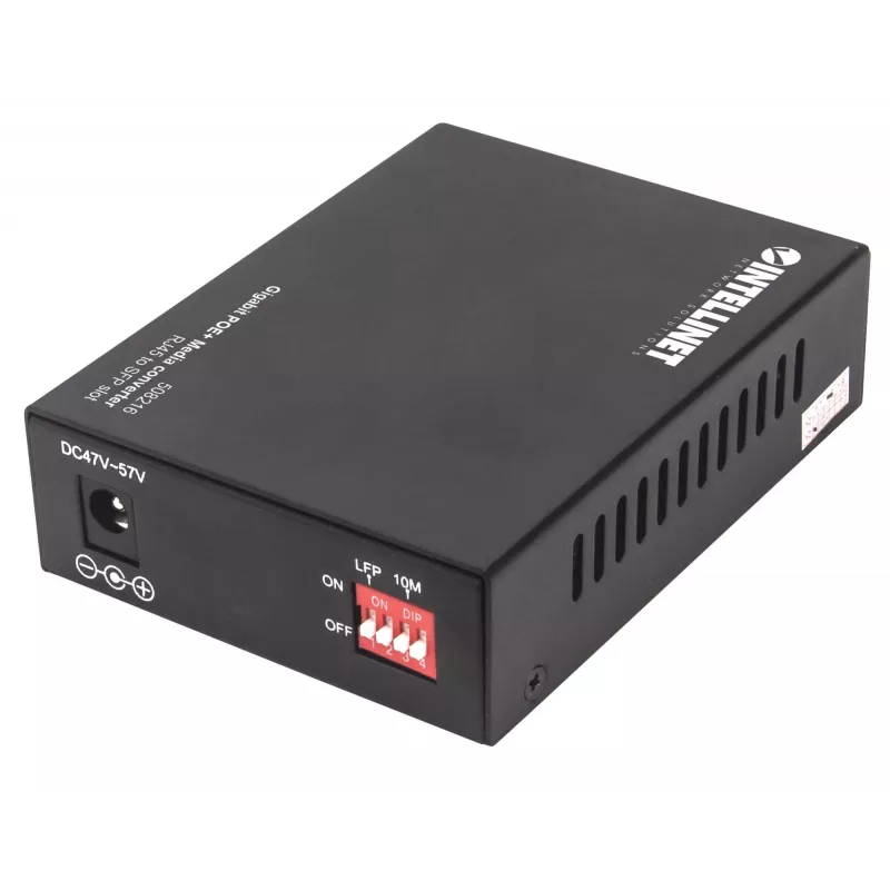 “Intellinet Gigabit PoE+” medijos keitiklis, 1 x 1000Base-T RJ45 prievadas, 1 x SFP prievadas, PoE+ injektorius