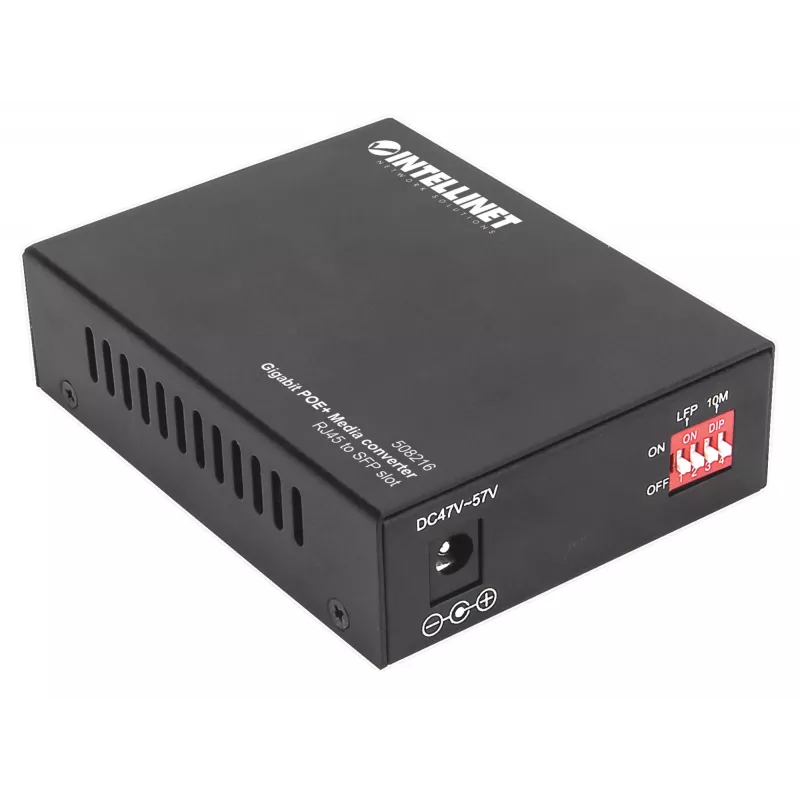 “Intellinet Gigabit PoE+” medijos keitiklis, 1 x 1000Base-T RJ45 prievadas, 1 x SFP prievadas, PoE+ injektorius