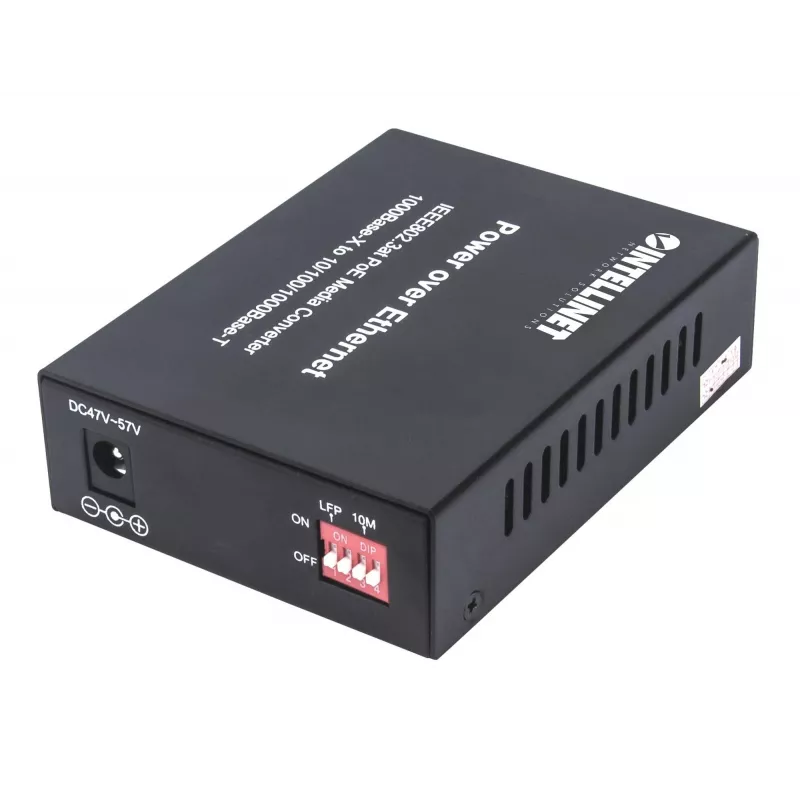 “Intellinet Gigabit PoE+” medijos keitiklis, 1 x 1000Base-T RJ45 prievadas, 1 x SFP prievadas, PoE+ injektorius
