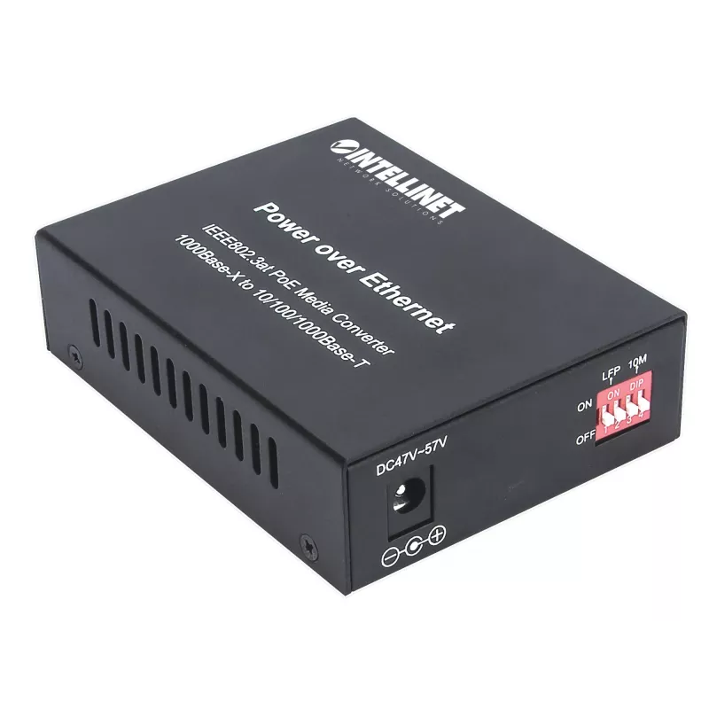 “Intellinet Gigabit PoE+” medijos keitiklis, 1 x 1000Base-T RJ45 prievadas, 1 x SFP prievadas, PoE+ injektorius