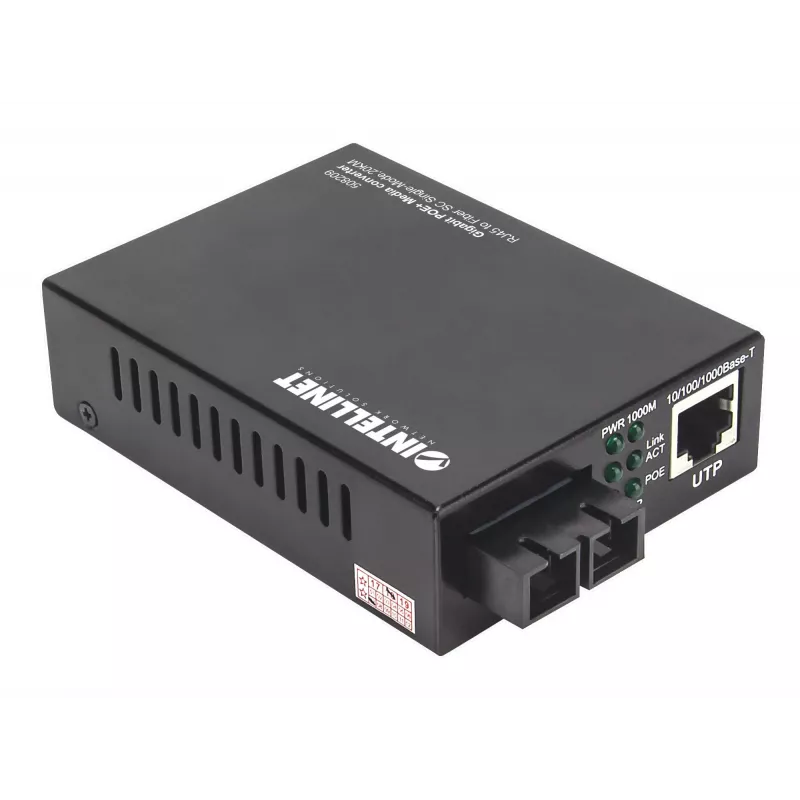 Intellinet Gigabit PoE+ media keitiklis, 1000Base-T RJ45 prievadas prie 1000Base-LX (SC) vienmodės skaidulos, 20 km, PoE+ injektorius