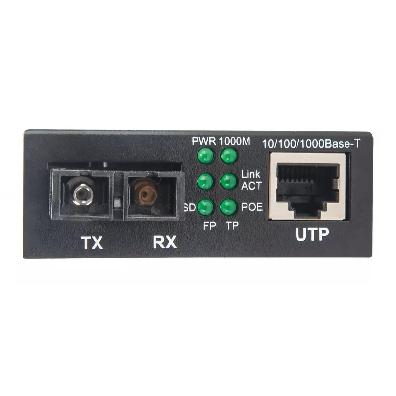 Intellinet Gigabit PoE+ media keitiklis, 1000Base-T RJ45 prievadas prie 1000Base-LX (SC) vienmodės skaidulos, 20 km, PoE+ injektorius