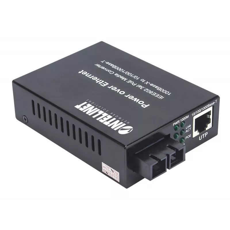 Intellinet Gigabit PoE+ media keitiklis, 1000Base-T RJ45 prievadas prie 1000Base-LX (SC) vienmodės skaidulos, 20 km, PoE+ injektorius