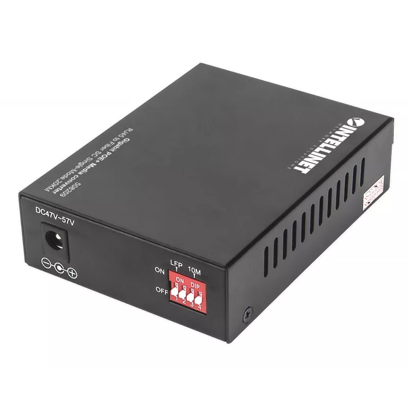 Intellinet Gigabit PoE+ media keitiklis, 1000Base-T RJ45 prievadas prie 1000Base-LX (SC) vienmodės skaidulos, 20 km, PoE+ injektorius