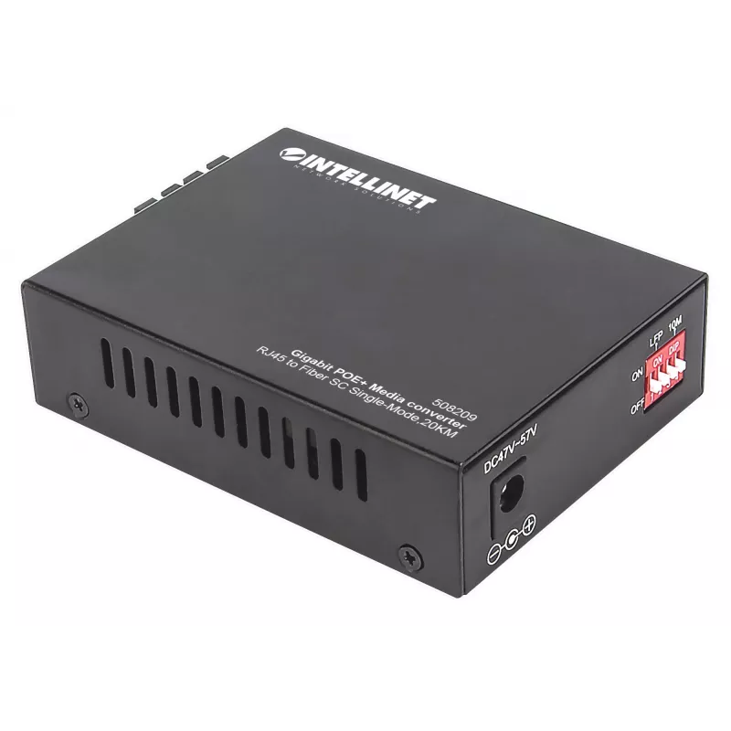 Intellinet Gigabit PoE+ media keitiklis, 1000Base-T RJ45 prievadas prie 1000Base-LX (SC) vienmodės skaidulos, 20 km, PoE+ injektorius