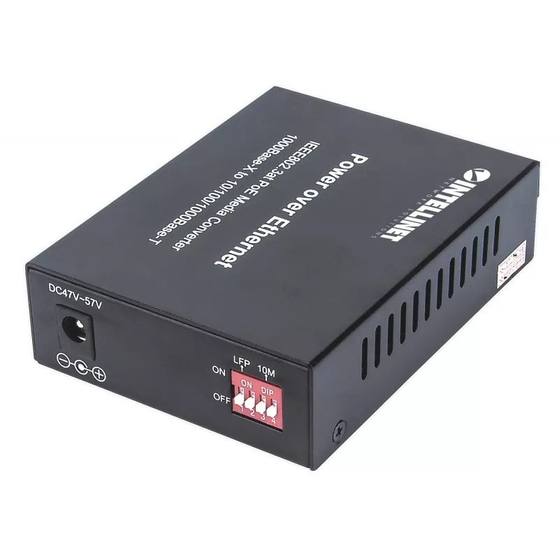 Intellinet Gigabit PoE+ media keitiklis, 1000Base-T RJ45 prievadas prie 1000Base-LX (SC) vienmodės skaidulos, 20 km, PoE+ injektorius