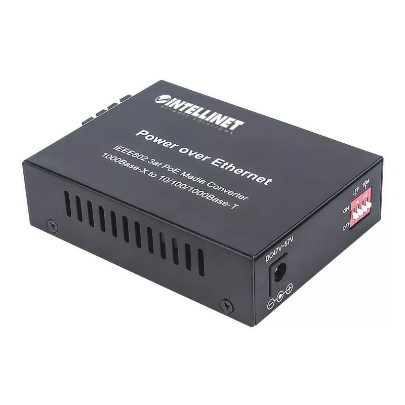 Intellinet Gigabit PoE+ media keitiklis, 1000Base-T RJ45 prievadas prie 1000Base-LX (SC) vienmodės skaidulos, 20 km, PoE+ injektorius