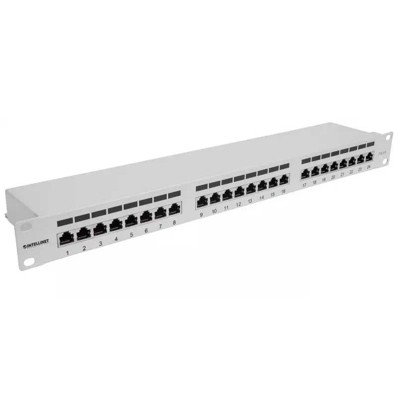 Intellinet skirstomasis skydelis, Cat6a, FTP, 24 prievadai, 1U, ekranuotas, 90° viršutinio įvado išmušimo blokai, pilka