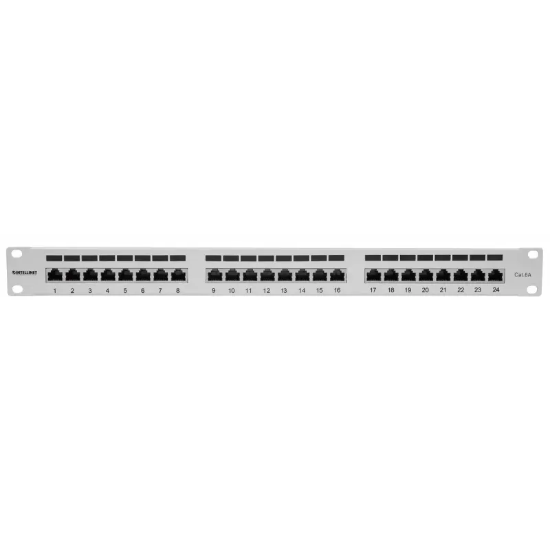Intellinet skirstomasis skydelis, Cat6a, FTP, 24 prievadai, 1U, ekranuotas, 90° viršutinio įvado išmušimo blokai, pilka