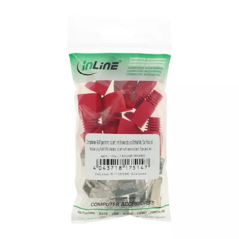 InLine Crimp Connector RJ45 8P8C ekranuotas su sriegtuvu ir apsauga nuo lenkimo, raudonas