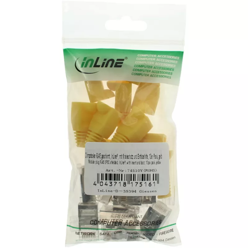InLine Crimp Connector RJ45 8P8C ekranuotas su įvedikliu ir apsauga nuo lenkimo, geltonas