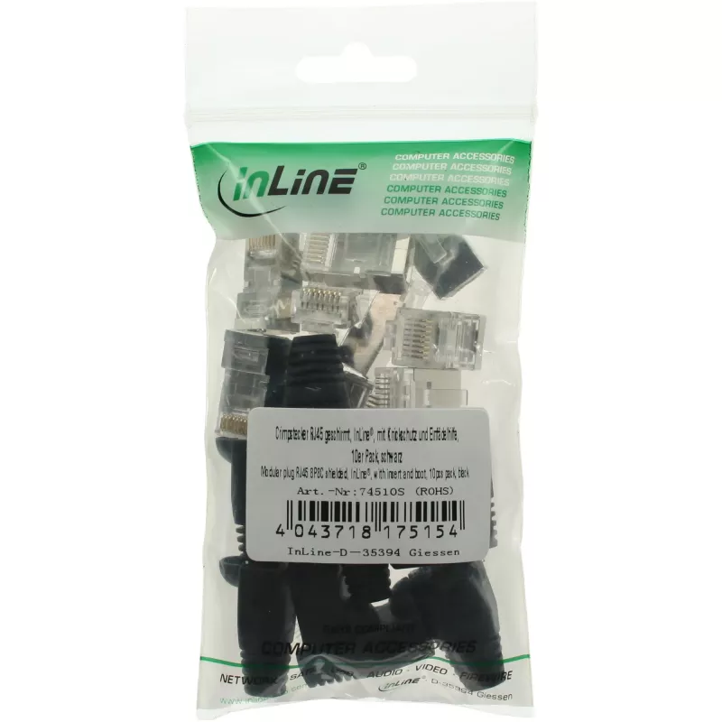 „InLine“ RJ45 8P8C ekranuota užspaudžiamoji jungtis su įsriegikliu ir apsauga nuo lenkimo, juoda