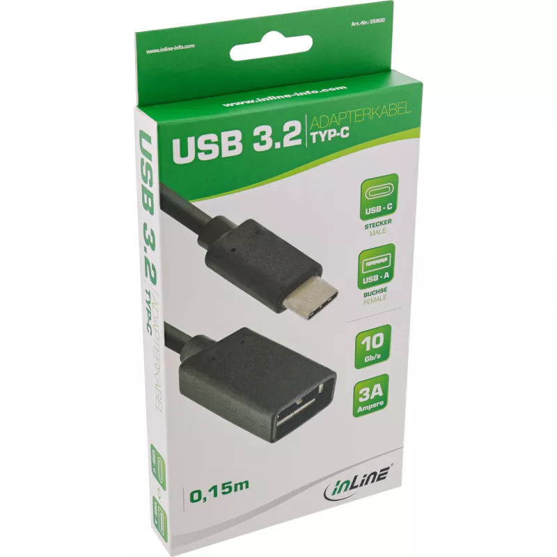 InLine USB 3.2 Gen.1x2 adapterio kabelis, USB-C kištukas / A lizdas, juodas, 0,15 m