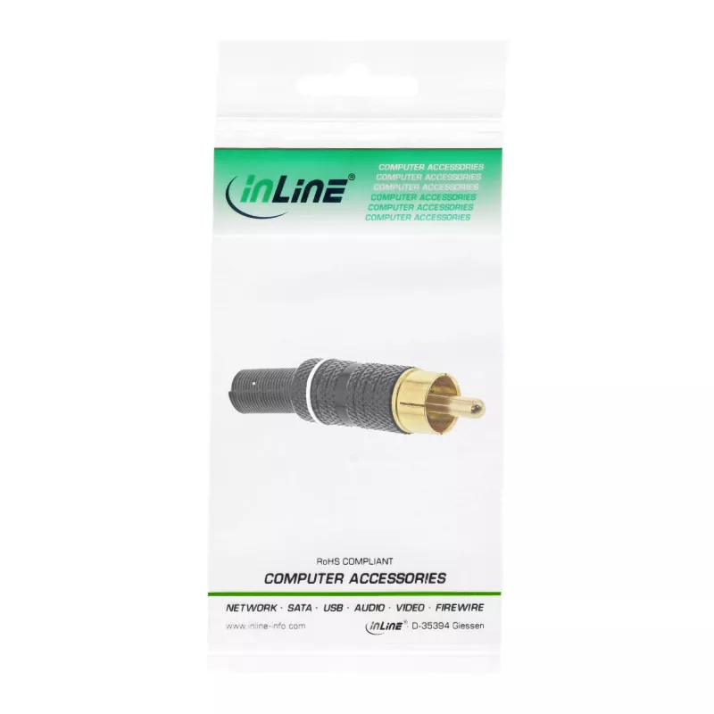InLine RCA kištukas litavimui, balta žiedas, metalinis juodas, skirtas 6 mm kabeliui