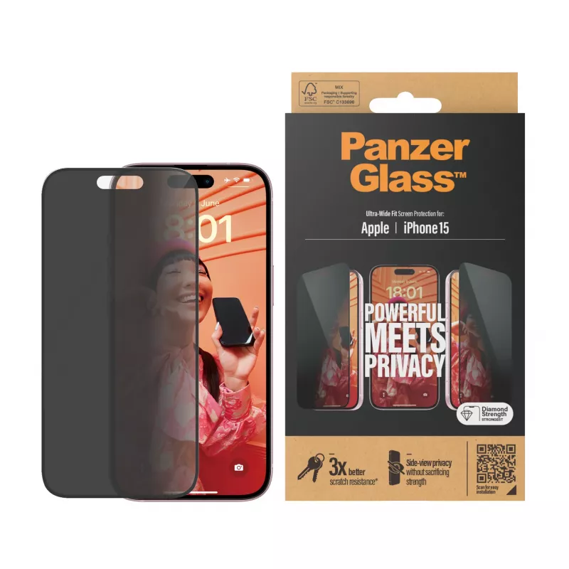 PanzerGlass ® Privatumą Sauganti Ekrano Apsauga iPhone 15 | Itin Platus Pritapimas