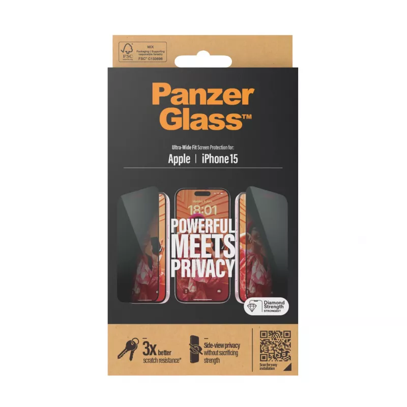 PanzerGlass ® Privatumą Sauganti Ekrano Apsauga iPhone 15 | Itin Platus Pritapimas