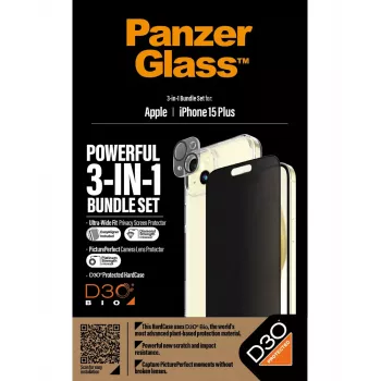 PanzerGlass 3-in-1 Pack iPhone 15 Plus smūgiams atsparus grūdintas stiklas