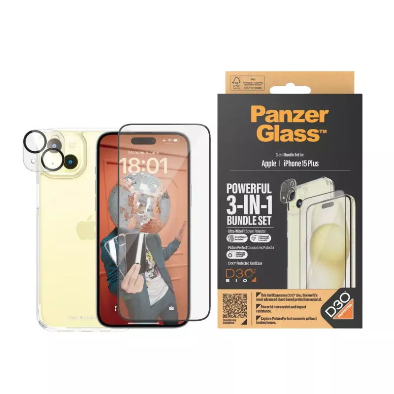 PanzerGlass 3-in-1 Pack iPhone 15 Plus smūgiams atsparus grūdintas stiklas