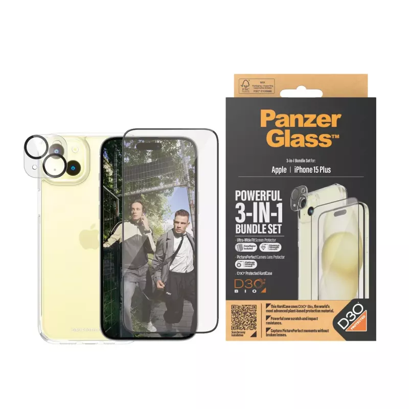 PanzerGlass 3-in-1 Pack iPhone 15 Plus smūgiams atsparus grūdintas stiklas