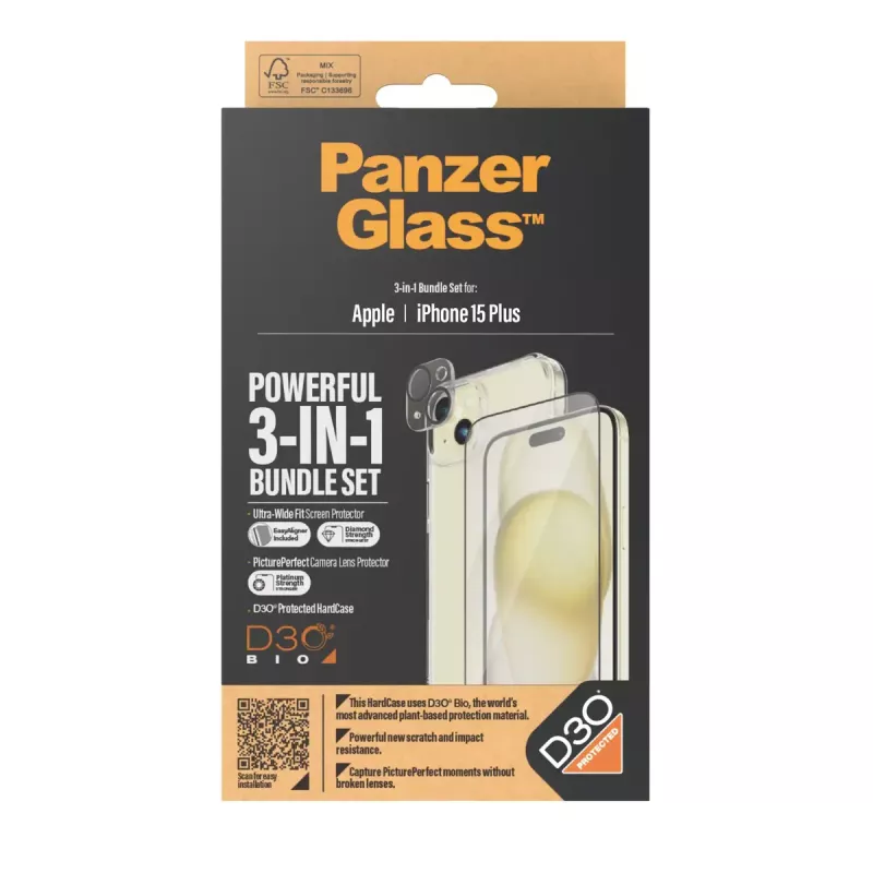 PanzerGlass 3-in-1 Pack iPhone 15 Plus smūgiams atsparus grūdintas stiklas