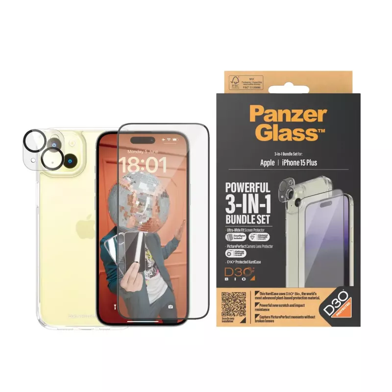 PanzerGlass 3-in-1 Pack iPhone 15 Plus smūgiams atsparus grūdintas stiklas