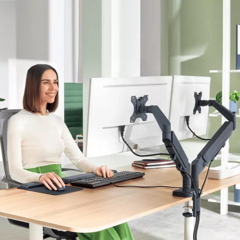 Leitz Ergo vietą taupanti dviguba monitoriaus rankena, 9 kg, 43,2 cm (17 colių), 81,3 cm (32 colių), 75 x 100 mm, Aukščio reguliavimas, Pilka