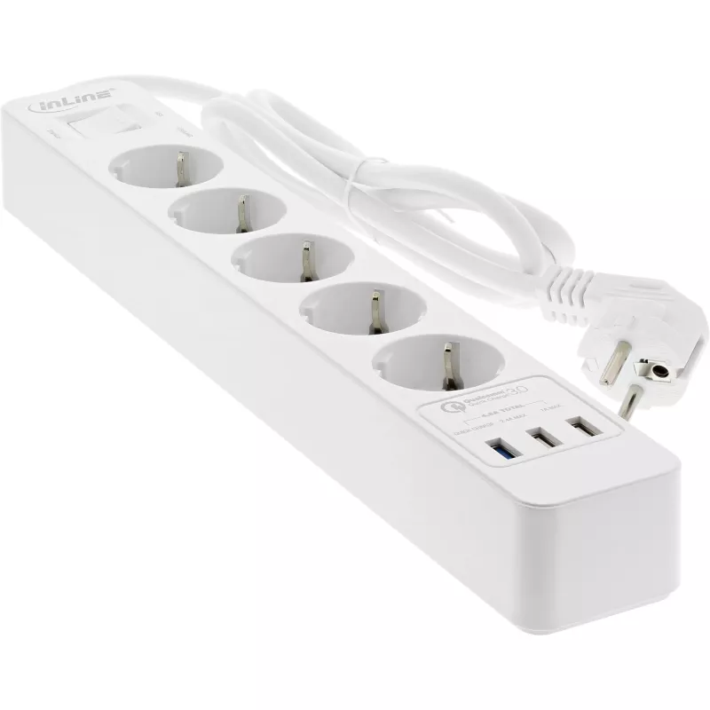 InLine kištukinis lizdas, 5 lizdų CEE 7/3, su apsauga ir USB QC3.0, baltas