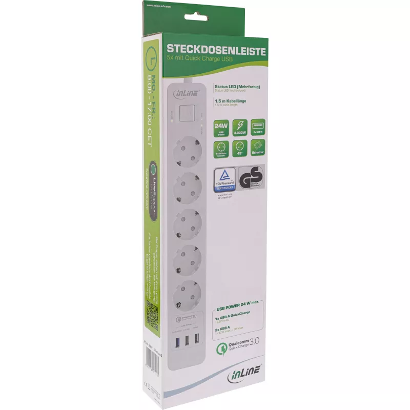 InLine kištukinis lizdas, 5 lizdų CEE 7/3, su apsauga ir USB QC3.0, baltas