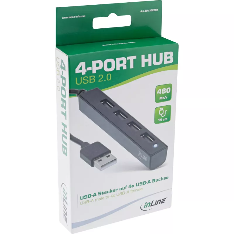 InLine USB 2.0 4 prievadų šakotuvas, USB-A kištukas į 4x USB-A lizdus, laidas 15 cm