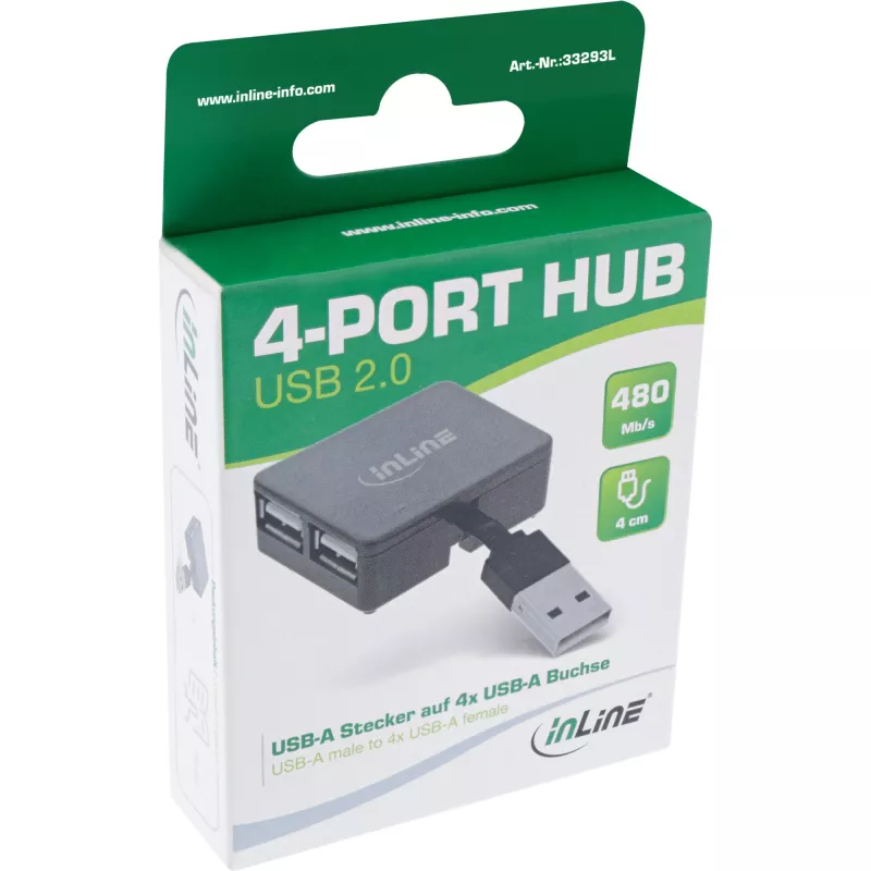 InLine USB 2.0 4 prievadų šakotuvas, USB-A kištukas į 4x USB-A lizdą, laidas 4 cm