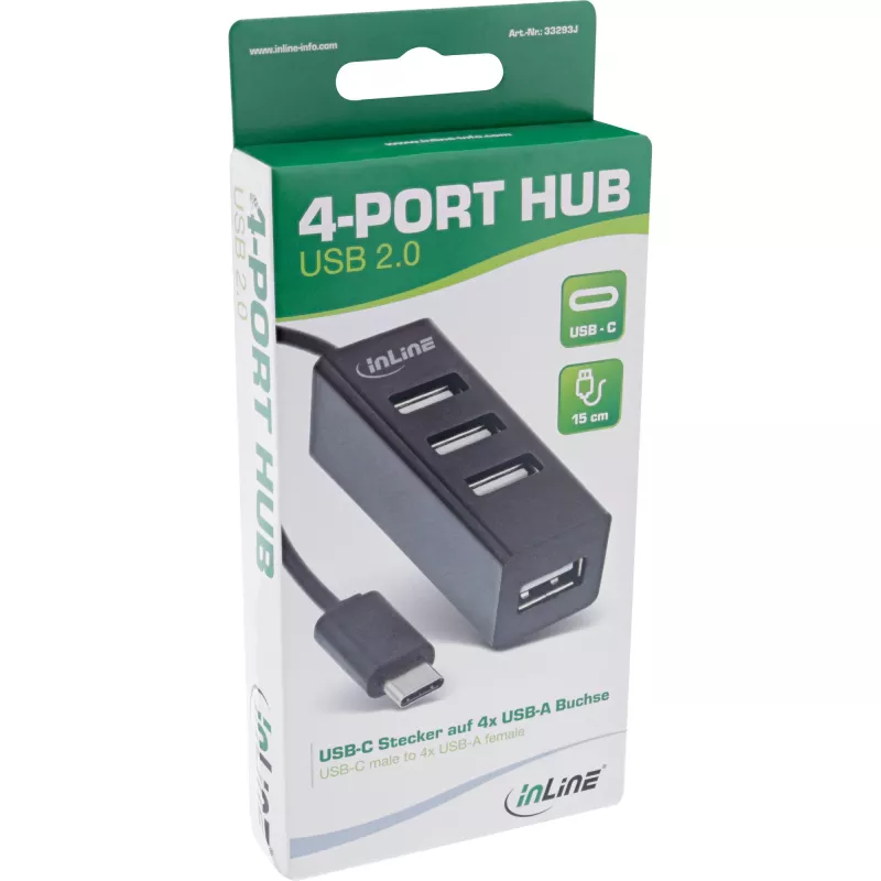 InLine USB 2.0 4 prievadų šakotuvas, USB-C kištukas į 4x USB-A lizdą, laidas 15 cm