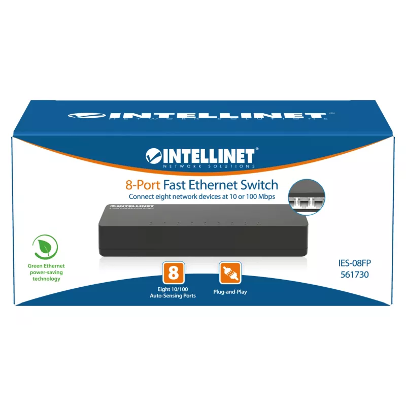 Intellinet 8 prievadų Fast Ethernet komutatorius, stalinis, plastikinis, IEEE 802.3az (Energiją taupantis Ethernet), juodas