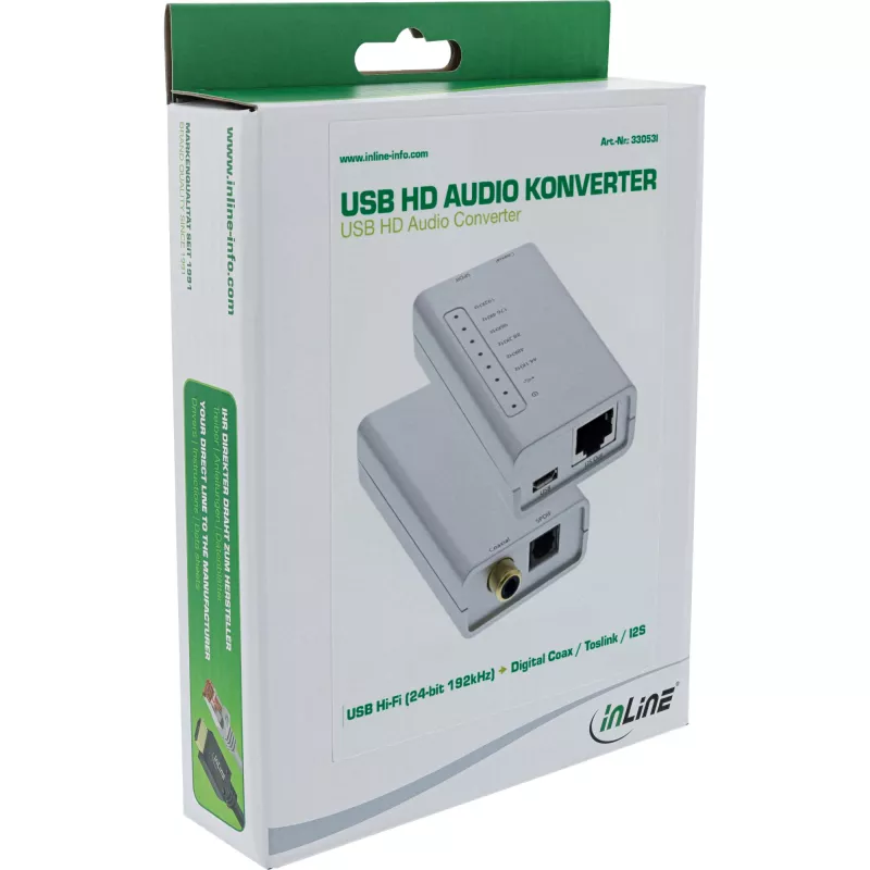 USB HD garso adapteris InLine 33053I 24 bitų 192 kHz skaitmeninis koaksialinis/Toslink/I2S keitiklis