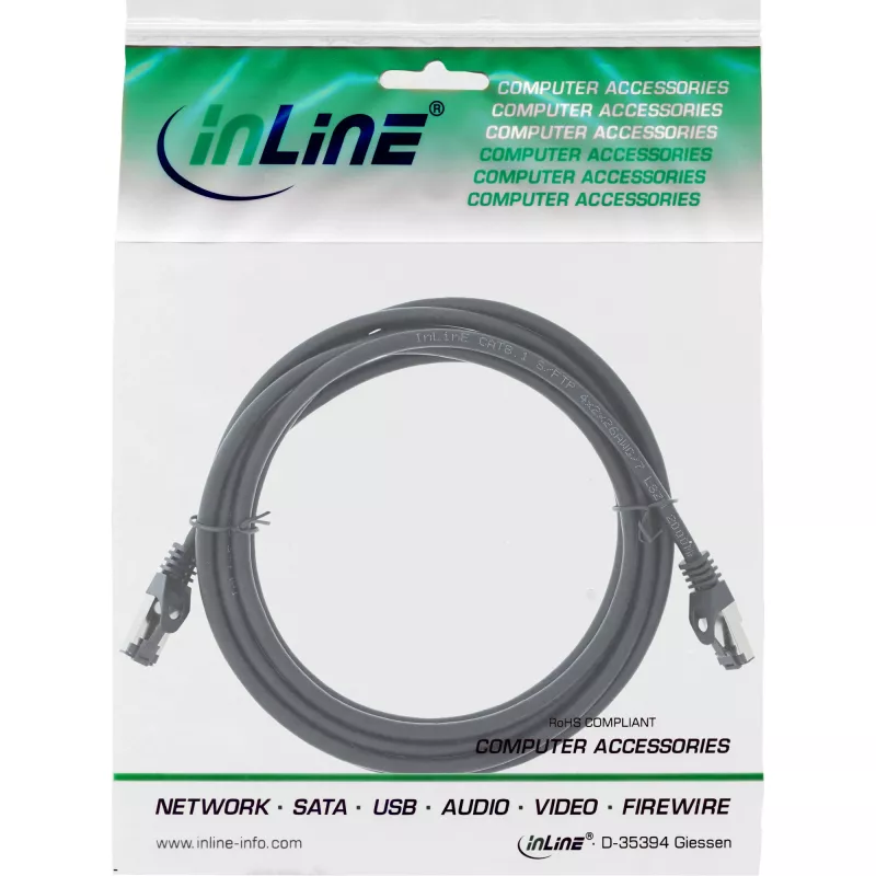 InLine komutacinis kabelis S/FTP PiMF Cat.8.1 be halogenų 2000MHz juodas, 0,5 m