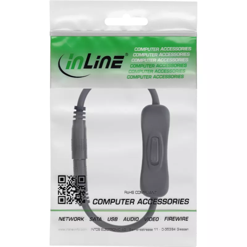 InLine nuolatinės srovės laidas su jungikliu, DC kištukas/lizdas 5,5x2,1 mm, AWG 18, juodas, 0,20 m