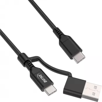 InLine 2in1 USB-C laidas + USB-A adapteris, USB 2.0, 100W, TPE, juodas, 1 m