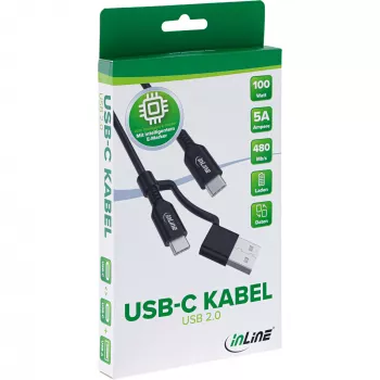 InLine 2in1 USB-C laidas + USB-A adapteris, USB 2.0, 100W, TPE, juodas, 1 m