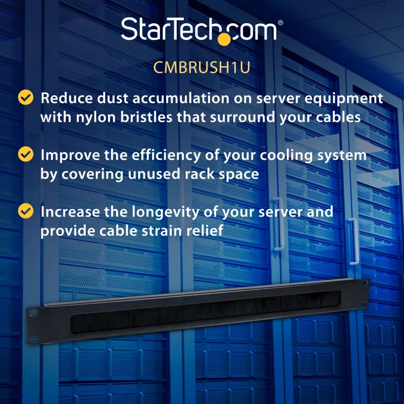 StarTech.com 1U didelio tankio šepečių juostos kabelių tvarkymo skydas, tvirtas plieninis horizontalus duomenų centro kabelių tvarkiklis