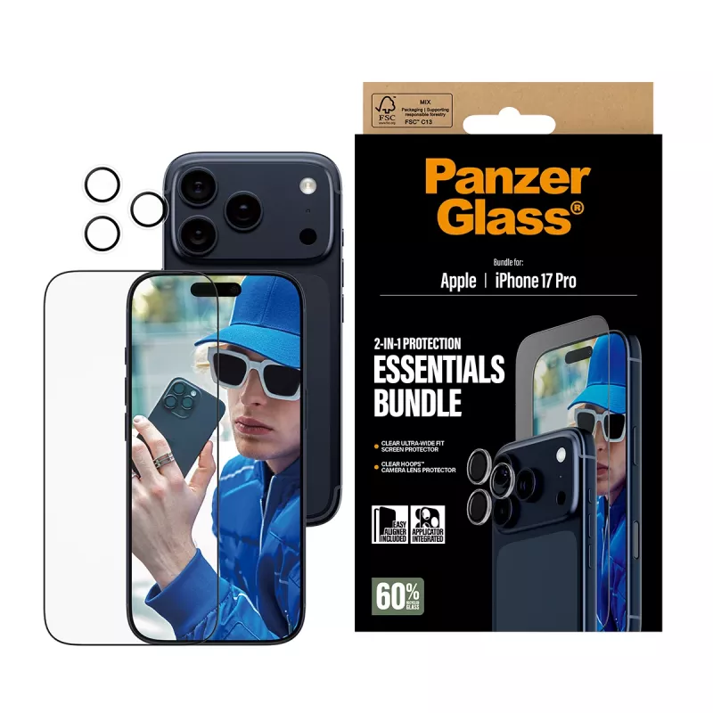PanzerGlass 2-in-1 Essentials Bundle iPhone 17 Pro atsparus įbrėžimams ir smūgiams