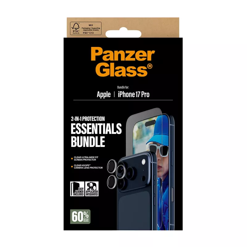 PanzerGlass 2-in-1 Essentials Bundle iPhone 17 Pro atsparus įbrėžimams ir smūgiams